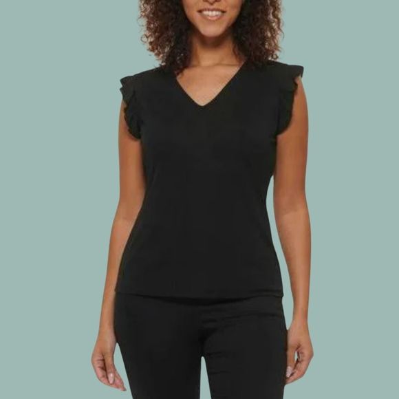 Marc Andrews Ruffle Sleeve V-Neck Black Blouse Size Large NWT - Picture 1 of 5